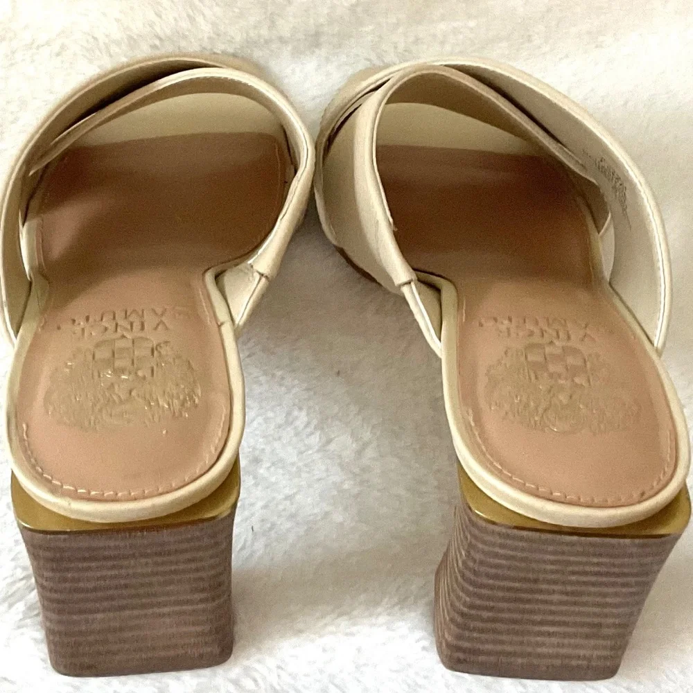 TAN VINCE CAMUTO HEMILA LEATHER CROSSOVER SLIP ON BLOCK HEEL SANDAL SZ 7.5M/38